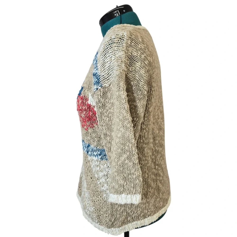 SML Sport Vintage Hand Knit Linen Cotton Sweater Beige Red Blue Diamond M‎
